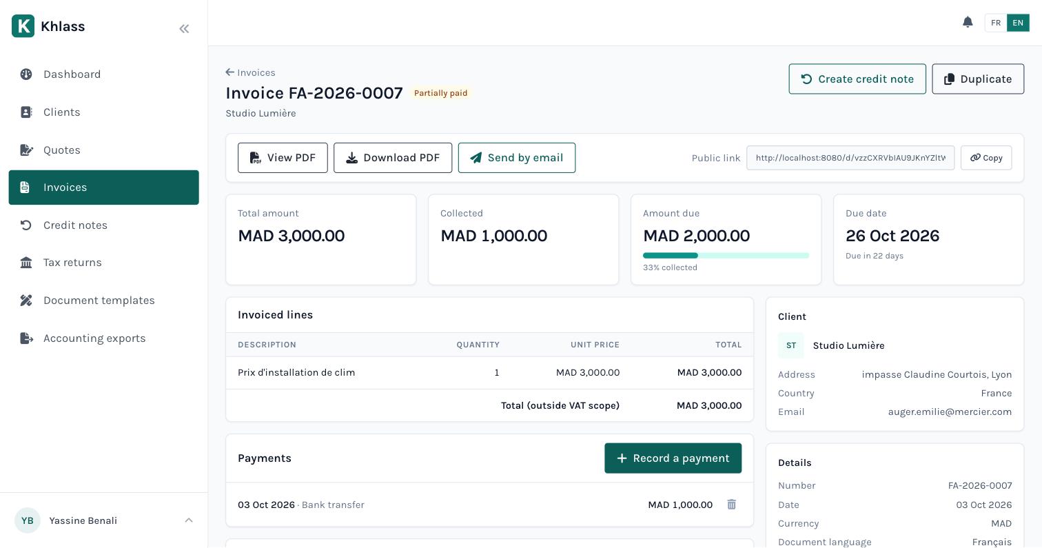An invoice in Khlass: total amount, collected, amount due and recorded payments